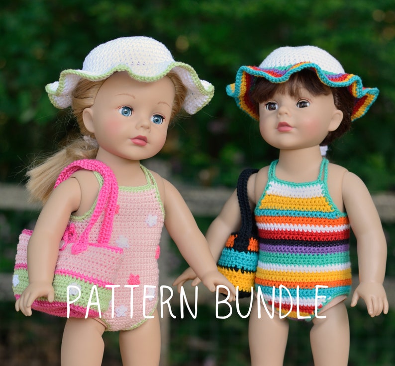 May include: Two dolls wearing crocheted swimwear and hats. The doll on the left is wearing a pink and green swimsuit with white flowers and a white hat with green trim. The doll on the right is wearing a rainbow striped swimsuit and a white hat with a turquoise trim. Both dolls are holding crocheted bags. The text "PATTERN BUNDLE" is visible in the image.