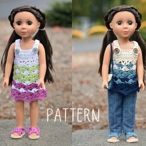 PDF Häkelanleitung - Sunny Day Outfit für 14" Dolls; Sommerkleid, Oberteil, Handtasche und Sandalen