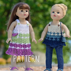 PDF Häkelanleitung - Sunny Day Outfit für 18"Puppen; Sommerkleid, Oberteil, Handtasche und Sandalen