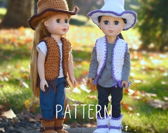 May include: Two dolls wearing crocheted cowboy hats and vests. One doll is wearing a brown vest with fringe and brown boots. The other doll is wearing a white vest with purple trim and white boots. The dolls are standing on a rock with the word "PATTERN" written in front of them.