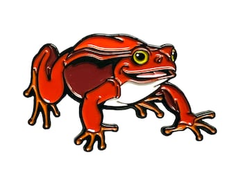 May include: A red and brown frog with a wide smile and yellow eyes. The frog is sitting on a white background.