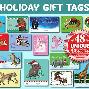 May include: 48 unique holiday gift tags featuring various animals and festive designs. The tags are printed on white cardstock with a blue background. The tags are perfect for adding a personal touch to your gifts.
