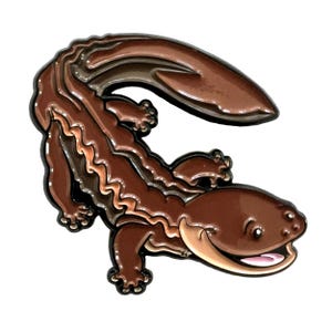 May include: A brown enamel pin in the shape of a salamander. The salamander has a smiling face, with a light brown belly and a dark brown body with lighter brown wavy stripes. The pin has a black outline.