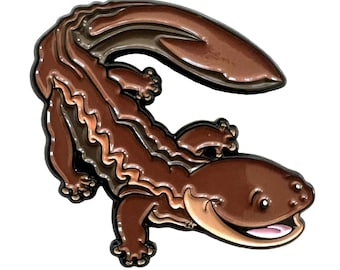 May include: A brown enamel pin depicting a salamander. The salamander has a smiling face, a light brown belly, and a dark brown body with lighter brown wavy stripes. The pin has a black outline.