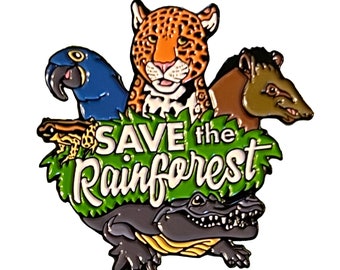 May include: A green, yellow and white enamel pin with the words "SAVE the Rainforest" and images of a jaguar, a toucan, a tapir, a frog and an alligator.