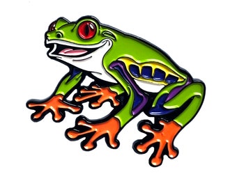 May include: A green, red, blue, yellow and orange cartoon frog with a wide smile. The frog is sitting on its hind legs with its front legs outstretched.