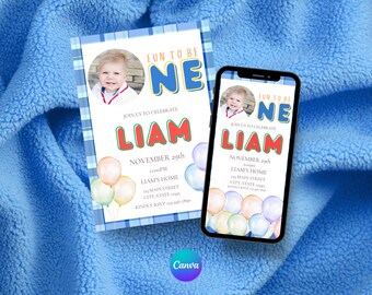 Könnte beinhalten: Eine Geburtstagseinladung mit einem Kinderfoto, dem Text "FUN TO BE ONE" und dem Namen "LIAM". Die Einladung hat einen blauen Karohintergrund mit Ballons. Ein Smartphone zeigt die gleiche Einladung.