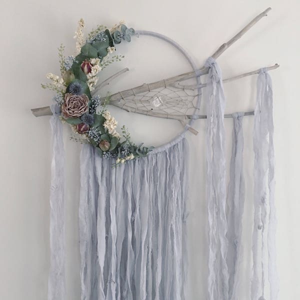 Large Dried Flowers Dreamcatcher | Boho Dream Catcher | Wall Hanging | Floral Dreamcatcher | Grey Gray | Sage Green | Boho Decor |