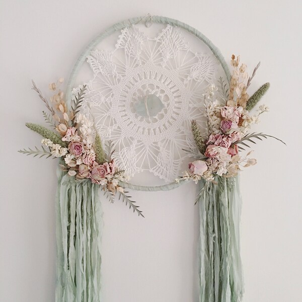 Large Dried Flowers Dreamcatcher | Boho Dream Catcher | Wall Hanging | Floral Dreamcatcher | Mint Green | Sage Green | Boho Decor |