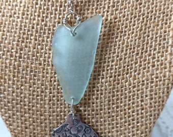 Light aqua seaglass with 925 sterling silver mermaid tail on silver plated chain