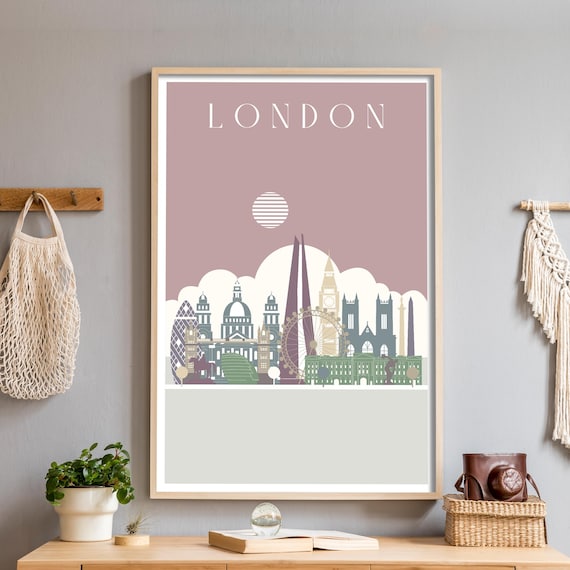 London skyline art print, UK city poster, minimalist architecture digital wall decor