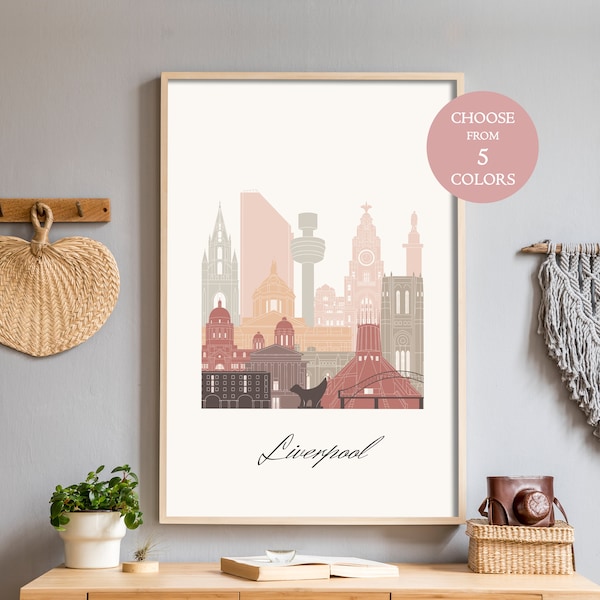 Liverpool print, England, UK, cityscape gift, printable skyline, home decor modern, digital download prints, pastel decor, mid century art