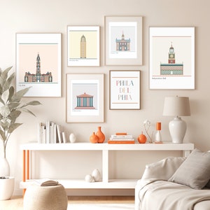 Conjunto de pared de galería de Filadelfia, colección de impresiones artísticas de Filadelfia, descarga digital, póster de viaje, decoración de mapa de la ciudad, paisaje urbano bohemio imprimible