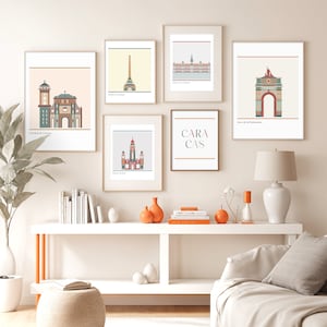 Conjunto de pared de galería de Caracas, colección de impresiones artísticas de Caracas, ilustración de arte mural de Caracas, carteles de diseño minimalista imprimibles de Caracas, Venezuela