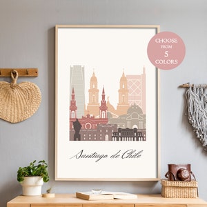 Santiago Skyline Poster, herunterladbare Reisedruck, Kartendruck, minimalistische Druckwandkunst, Boho Skyline Druck, wählen Sie aus 5 Farben