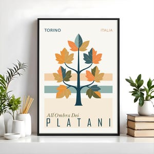 Stampa artistica di un albero di Torino, poster da parete ispirato all'autunno con foglie di platano, accogliente arredamento italiano per soggiorno, studio o ingresso, poster dell'Italia