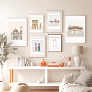 Collezione Verona Stampa artistica, set da parete galleria, poster di viaggio, decorazione mappa della città, paesaggio urbano boho stampabile, download, Italia, casa di Giulietta