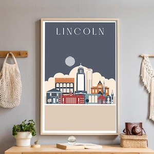 Lincoln Nebraska, NE, arte de pared para sala de estar, carteles estéticos, horizonte, impresiones bohemias retro, decoración de mediados de siglo, arte de pared neutral