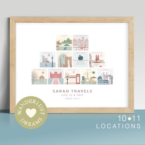 Mapa de aventuras familiares personalizado, Mapa de viaje personalizado, Póster de recuerdo de viaje, Mapa de ubicación, 10 11 lugares, Regalo de despedida, SUEÑOS DE VIAJES
