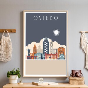 Oviedo, España, impresión de mapas, horizonte imprimible, decoración del hogar moderna, impresiones digitales descargables, paisaje urbano, decoración pastel, arte de mediados de siglo, Europa