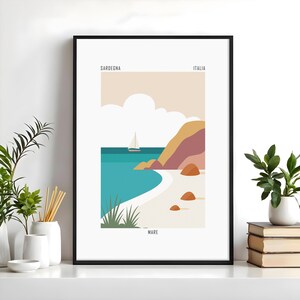Sardinia beach wall art, coastal landscape print with sailboat, minimalist sea poster, mediterranean digital, Costa Smeralda Decor