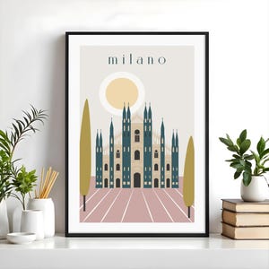 Milan Duomo digital print, Italian cathedral poster, retro travel wall art, minimalist architecture illustration