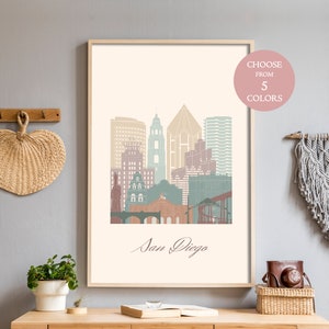 San Diego cityscape, CA, skyline art San Diego, living room decor modern, minimalist art printable, digital download print travel