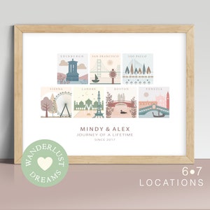 Mapa de viaje familiar personalizado, arte de viaje personalizado, póster de mapa de destino, 6 7 lugares, impresión de decoración boho, WANDERLUST DREAMS
