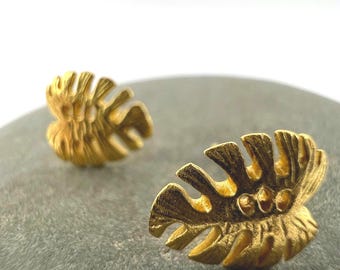 Matte Monstera Leaf Studs – 18k Gold Plated 925 Silver Botanical Earrings