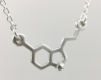 Serotonin Necklace – Silver Happiness Molecule Pendant, Minimalist Science Jewelry Gift