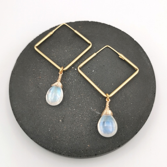 Golden Rainbow Moonstone Hoops, Square Hoop Earrings with Rainbow Moonstone Drops