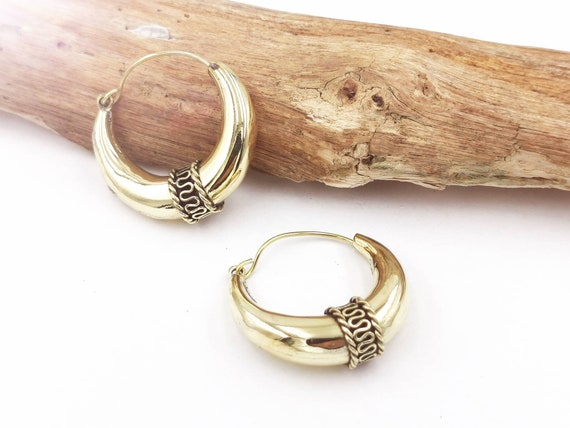 Tribal Boho Crescent Brass Earrings, Vintage Half Moon Brass Earrings Available in Three Sizes