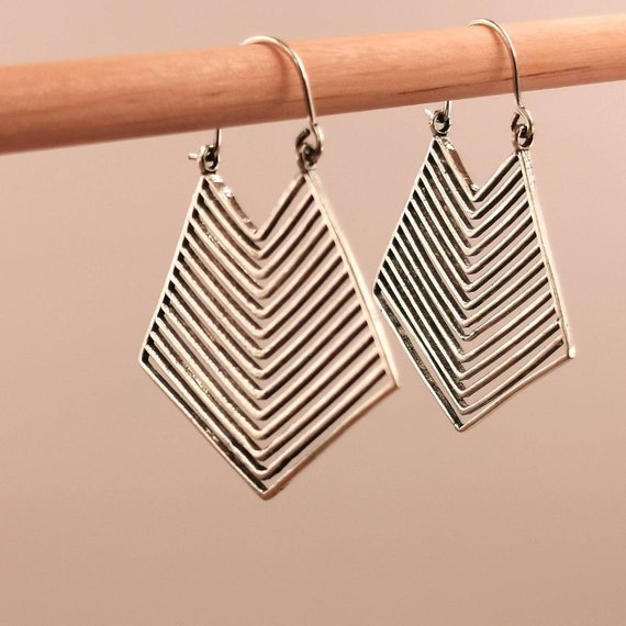 Silver Hoops with Triangular Line Pattern, Tribal Silver Hoops, Large Boho Hoops