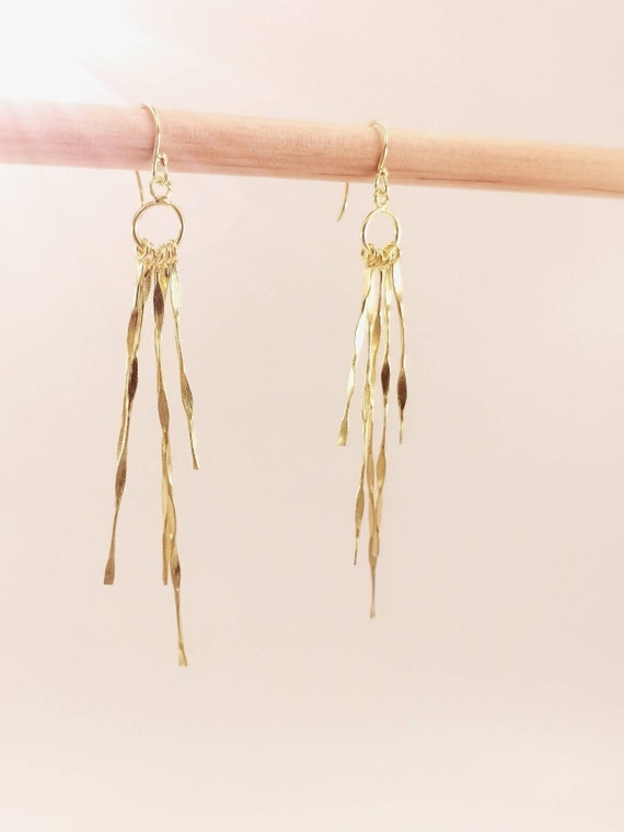 Handmade Fringe Earrings 18k Gold Plated 925 Silver, Long Dangle Earrings Gold