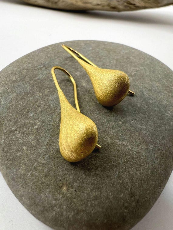 18K Gold Plated 925 Silver Teardrop Earrings | Matte Finish | Organic Drop Earrings | Modern Minimalist Sterling Silver Dangle Jewelry