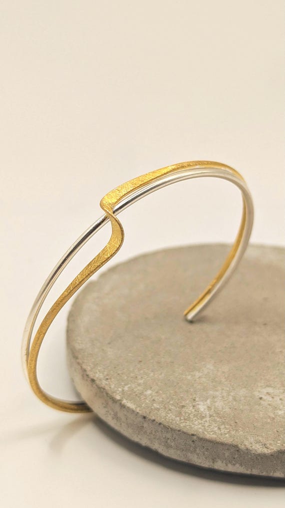 Sterling Silver and 18K Gold Plated Bangle – Minimalist Matte and Shiny Cuff Bracelet