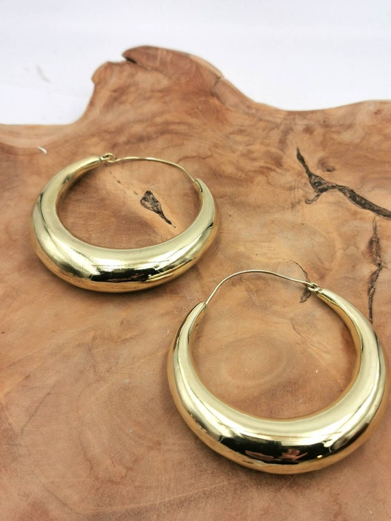 Large Plain Tribal Hoop Earrings Gold, Large Thick Hoop Earrings
