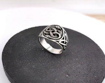 925 Silver Signet Ring with Auryn Motive, Auryn Signet Ring, Unisex Snake Signet Ring