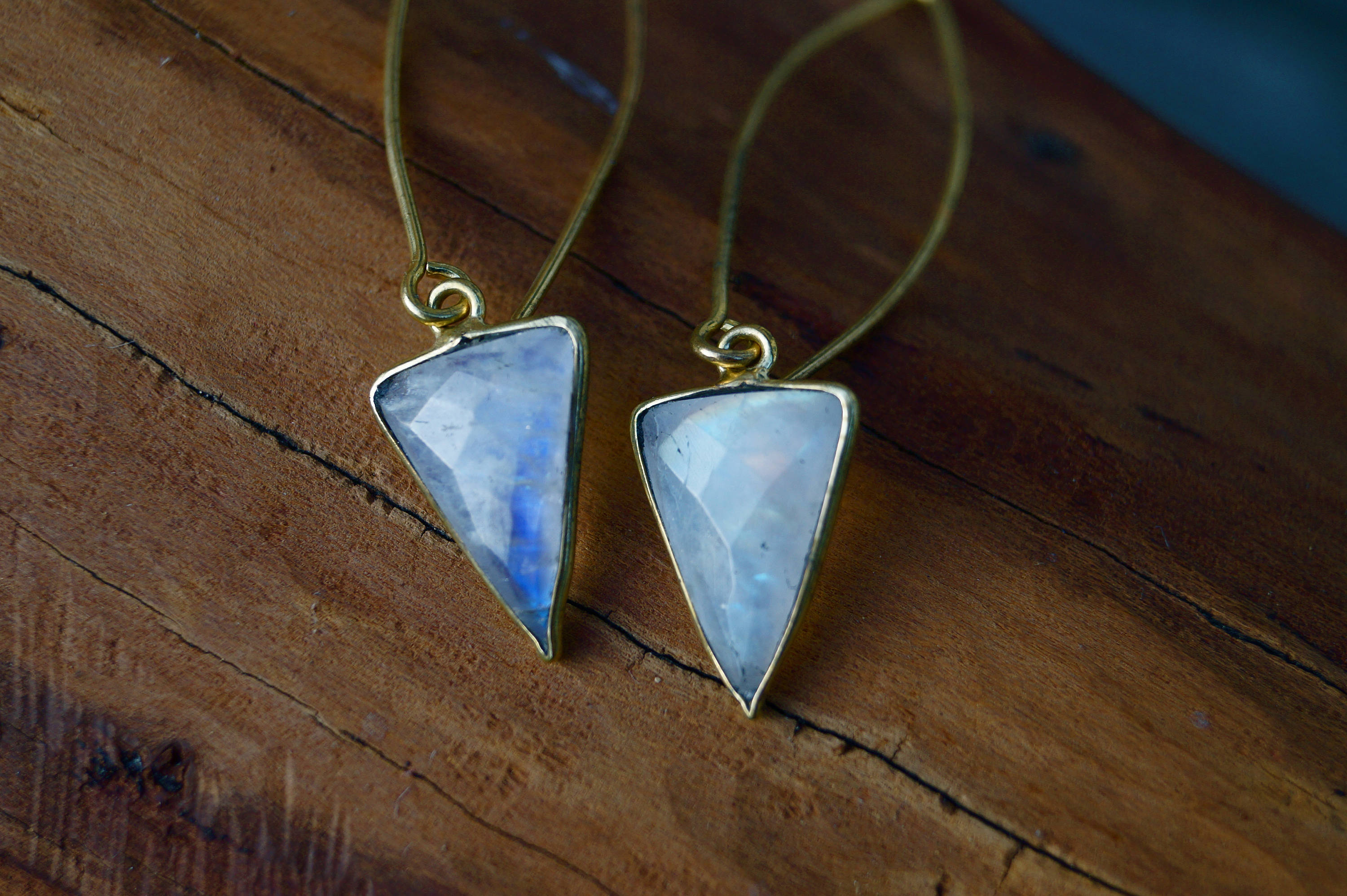 Triangular Rainbow Moonstone Earrings in Silver/Brass, Triangular Earrings,