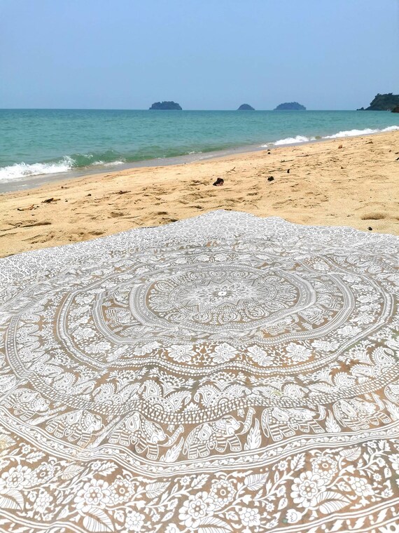 White and Gold Bed Cover Mandala Blanket, Elegant Mandala Throw