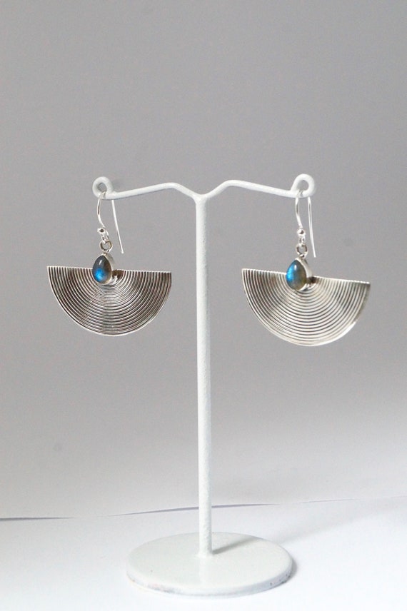Half Circle Silver Earrings, 925 Silver Fan Earrings with Stone
