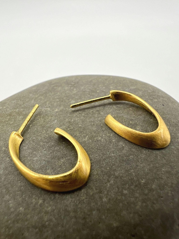 Matte Gold Organic Oval Hoop Studs • 18K Gold Plated 925 Silver Earrings • Sculptural Minimalist Hoops