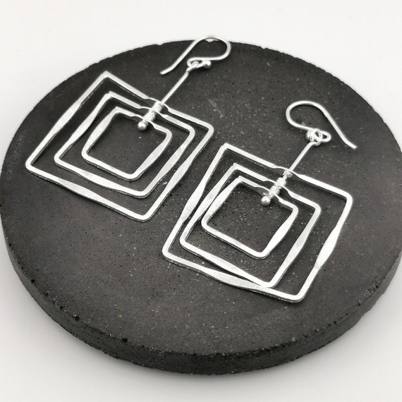 Handmade Triple Square Earrings 925 Silver, Motion Earrings