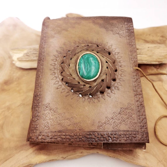 Handmade Leather Notebook with Malachite, 4.5x6 Inches/ 11x15 cm