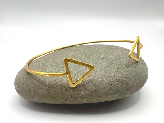 18K Gold Plated Triangle Cuff Bracelet - Geometric Open Bangle - Matte Finish Sterling Silver - Modern Minimalist Jewelry