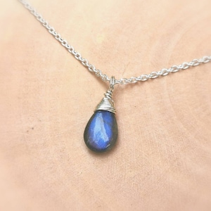 Blue Labradorite Drop Pendant 925 Silver with Chain, Handmade Floating Stone Necklace, Blue Labradorite Charm, Different Sizes Available