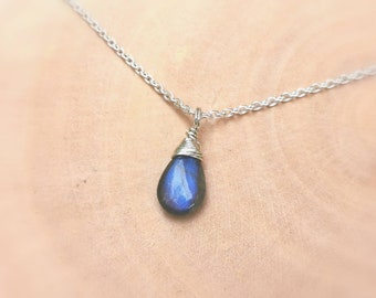 Ciondolo goccia labradorite blu argento 925 con catena, collana di pietre galleggianti fatta a mano, ciondolo labradorite blu, diverse dimensioni disponibili