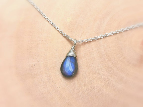 Blue Labradorite Drop Pendant 925 Silver with Chain, Handmade Floating Stone Necklace, Blue Labradorite Charm, Different Sizes Available