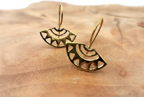 Oriental Fan Earrings Gold, Ethnic Gold Earrings, Silver Fan Earrings