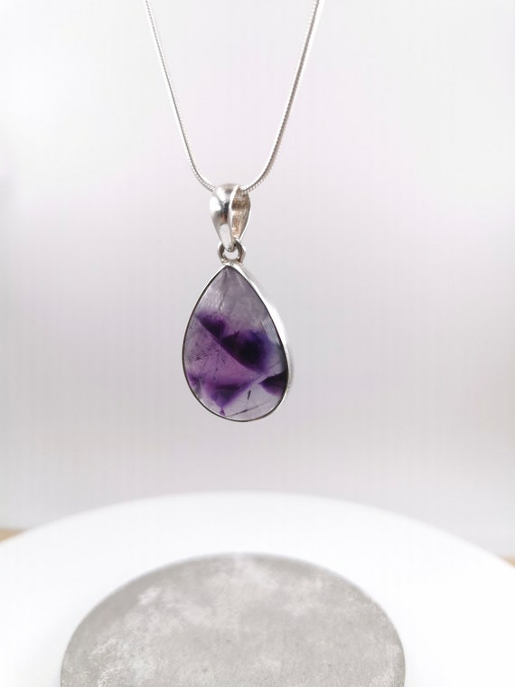 Natural Amethyst Pendant 925 Silver with Dark Purple Fractals